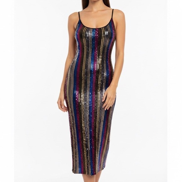 Tanya Taylor Dresses & Skirts - Tanya Taylor XS Multicolor Sequin Stripe Midi Dress Sleeveless Black Knit Lining